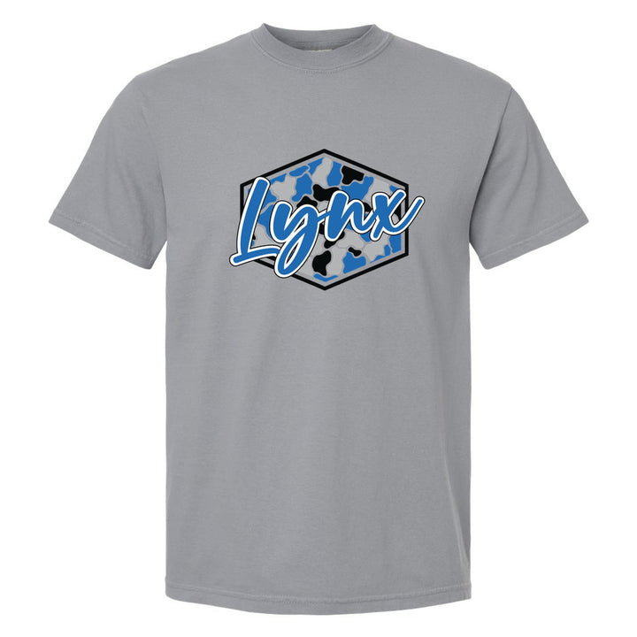 Oley Valley Lynx Camo Script comfort colors t-shirt in Granite: Lynx in bold script over a blue, grey and black camo hexagon