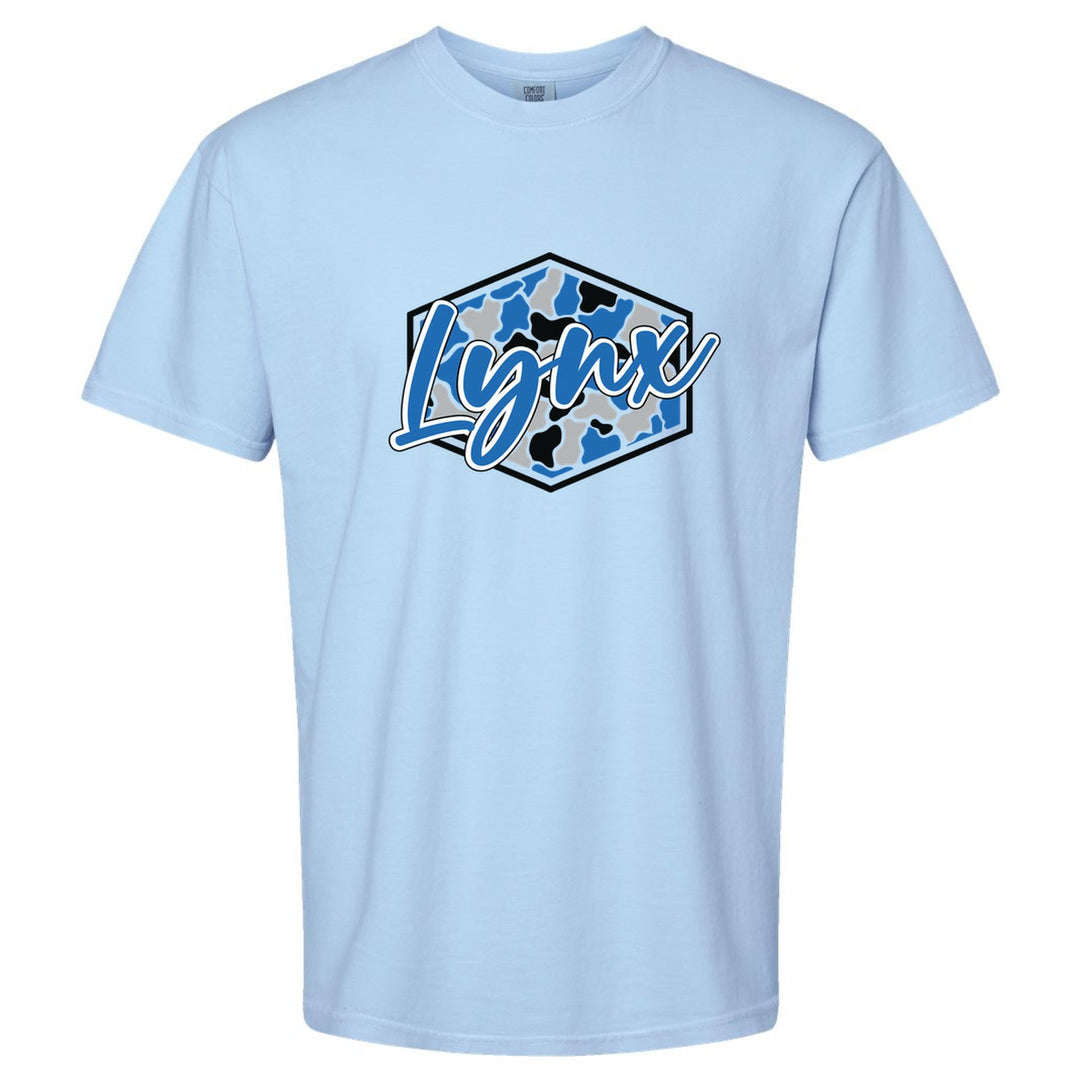 Oley Valley Lynx Camo Script comfort colors t-shirt in Hydrangea: Lynx in bold script over a blue, grey and black camo hexagon