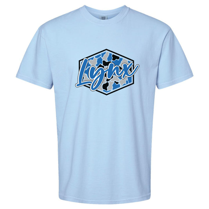 Oley Valley Lynx Camo Script comfort colors t-shirt in Hydrangea: Lynx in bold script over a blue, grey and black camo hexagon