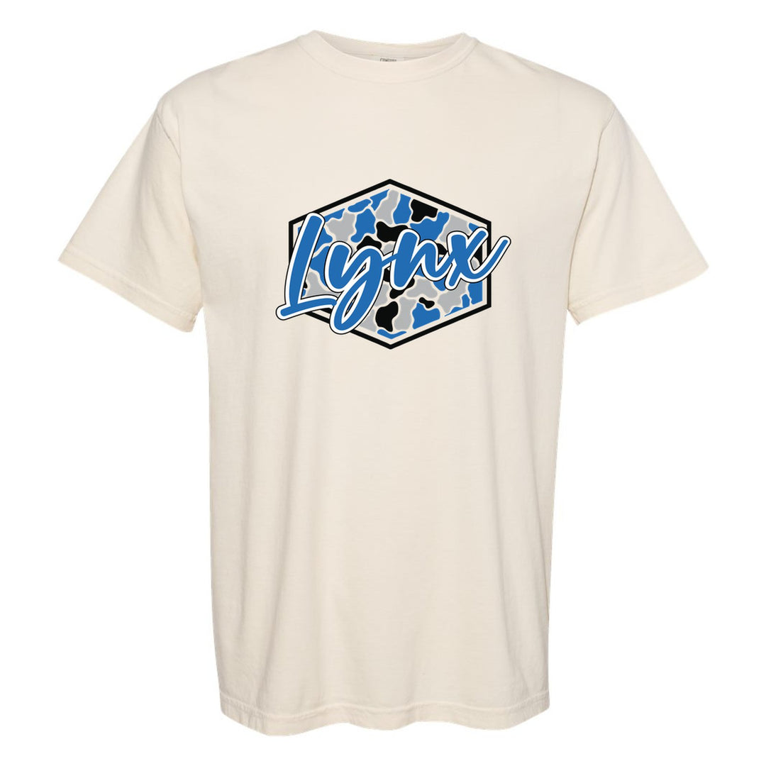 Oley Valley Lynx Camo Script comfort colors t-shirt in Ivory: Lynx in bold script over a blue, grey and black camo hexagon