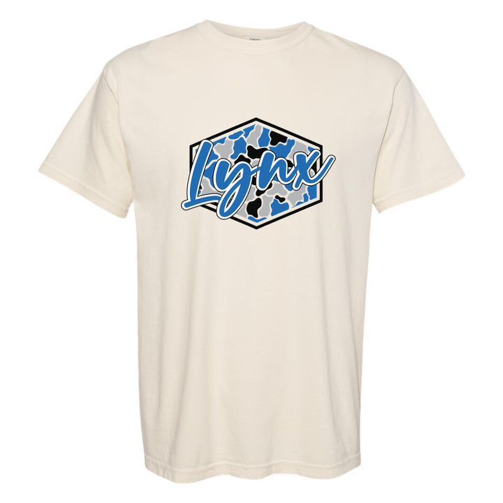 Oley Valley Lynx Camo Script comfort colors t-shirt in Ivory: Lynx in bold script over a blue, grey and black camo hexagon