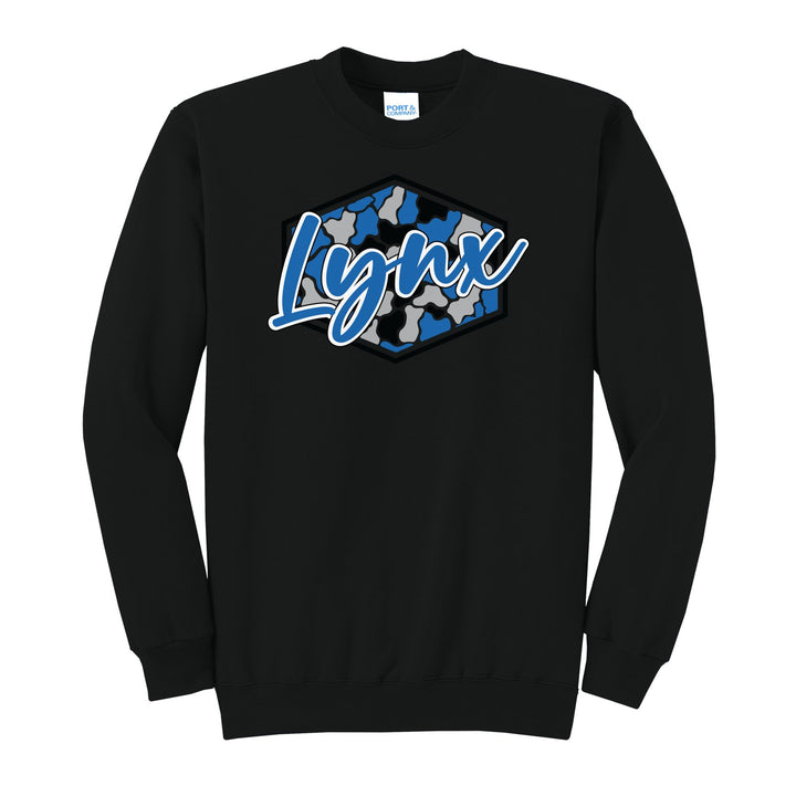 Oley Valley Lynx Camo Script crewneck sweatshirt in Jet Black: Lynx in bold script over a blue, grey and black camo hexagon