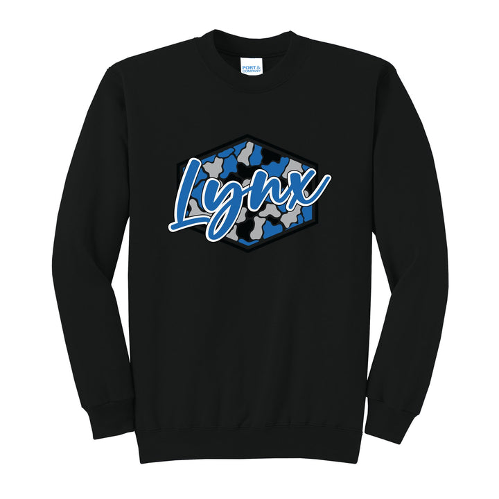 Oley Valley Lynx Camo Script crewneck sweatshirt in Jet Black: Lynx in bold script over a blue, grey and black camo hexagon