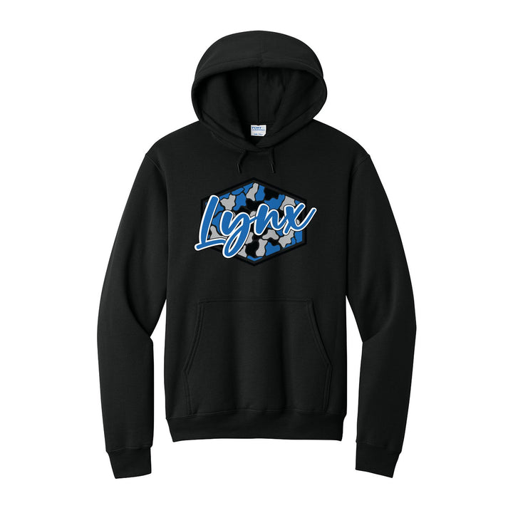 Oley Valley Lynx Camo Script hoodie in Jet Black: Lynx in bold script over a blue, grey and black camo hexagon