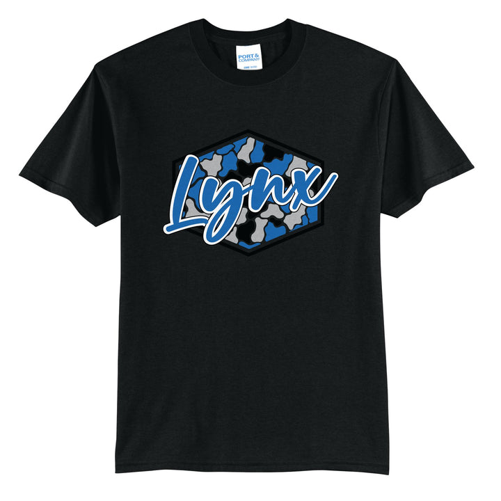 Oley Valley Lynx Camo Script t-shirt in Jet Black: Lynx in bold script over a blue, grey and black camo hexagon