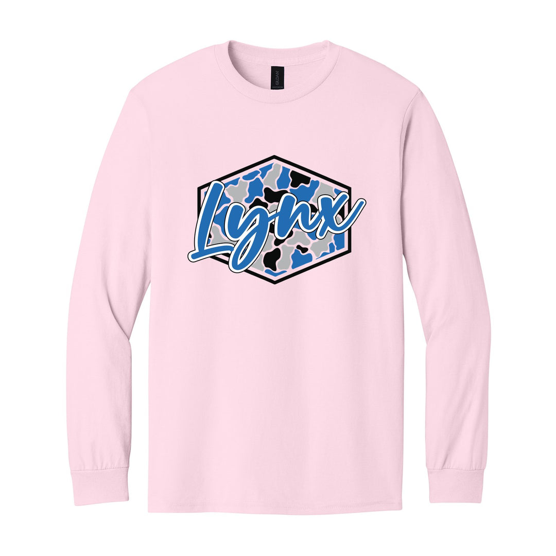 Oley Valley Lynx Camo Script long sleeve t-shirt in Light Pink: Lynx in bold script over a blue, grey and black camo hexagon