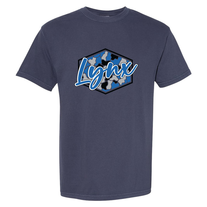 Oley Valley Lynx Camo Script comfort colors t-shirt in Navy: Lynx in bold script over a blue, grey and black camo hexagon