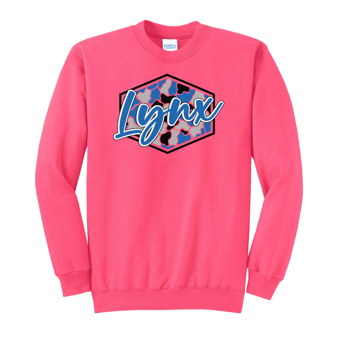 Oley Valley Lynx Camo Script crewneck sweatshirt in Neon Pink: Lynx in bold script over a blue, grey and black camo hexagon