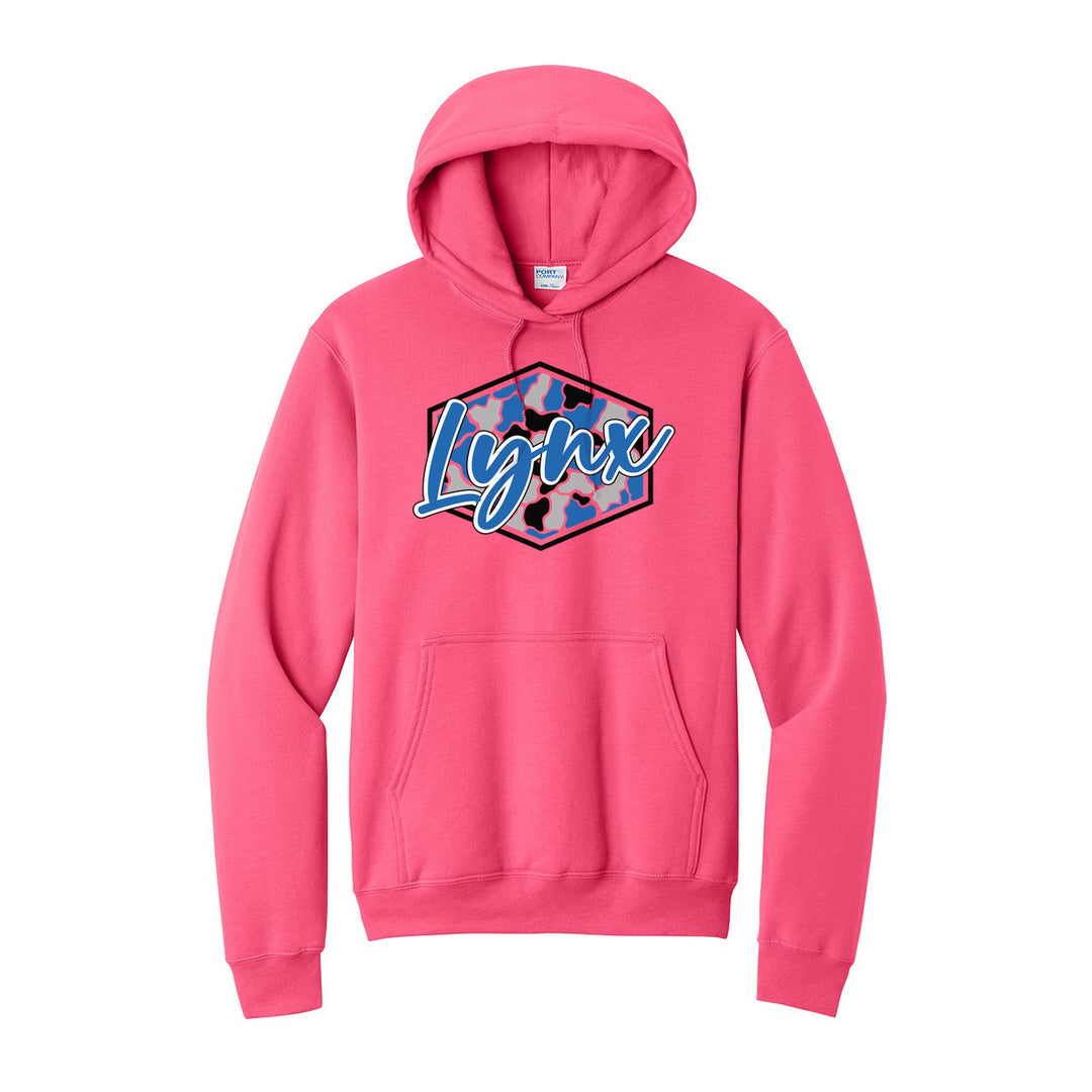 Oley Valley Lynx Camo Script hoodie in Neon Pink: Lynx in bold script over a blue, grey and black camo hexagon