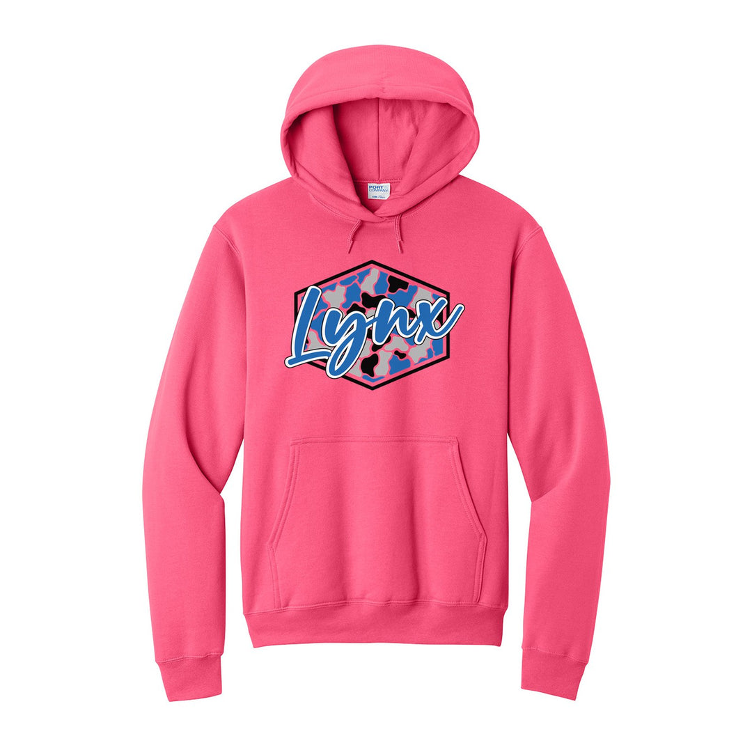 Oley Valley Lynx Camo Script hoodie in Neon Pink: Lynx in bold script over a blue, grey and black camo hexagon