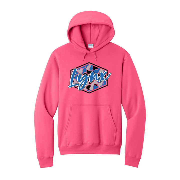Oley Valley Lynx Camo Script hoodie in Neon Pink: Lynx in bold script over a blue, grey and black camo hexagon
