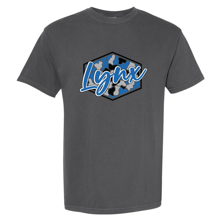 Oley Valley Lynx Camo Script comfort colors t-shirt in Pepper: Lynx in bold script over a blue, grey and black camo hexagon