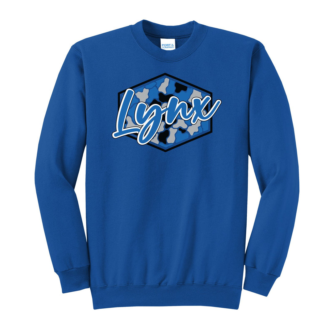 Oley Valley Lynx Camo Script crewneck sweatshirt in Royal: Lynx in bold script over a blue, grey and black camo hexagon