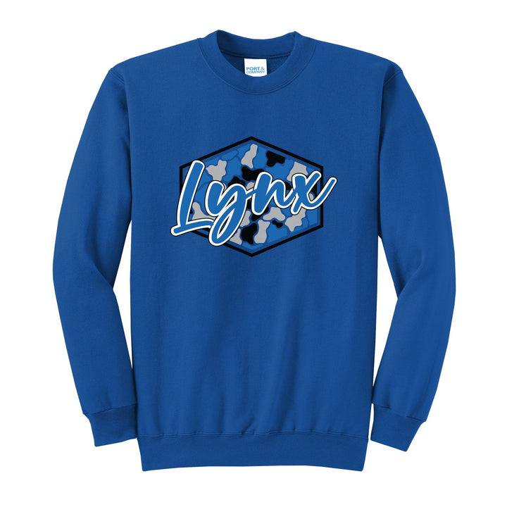 Oley Valley Lynx Camo Script crewneck sweatshirt in Royal: Lynx in bold script over a blue, grey and black camo hexagon