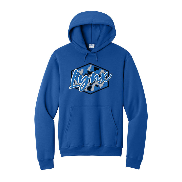 Oley Valley Lynx Camo Script hoodie in Royal: Lynx in bold script over a blue, grey and black camo hexagon
