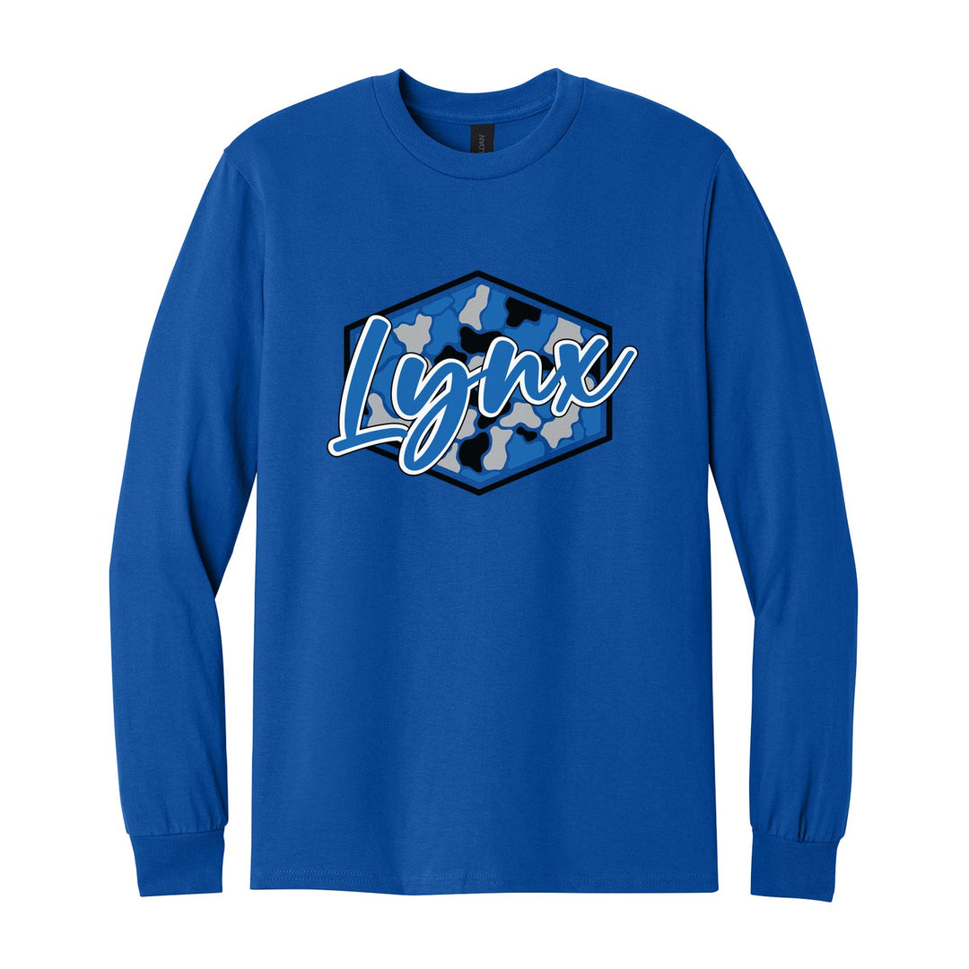 Oley Valley Lynx Camo Script long sleeve t-shirt in Royal: Lynx in bold script over a blue, grey and black camo hexagon