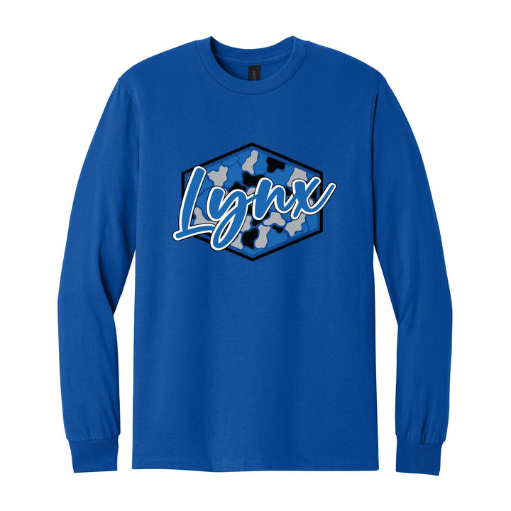 Oley Valley Lynx Camo Script long sleeve t-shirt in Royal: Lynx in bold script over a blue, grey and black camo hexagon