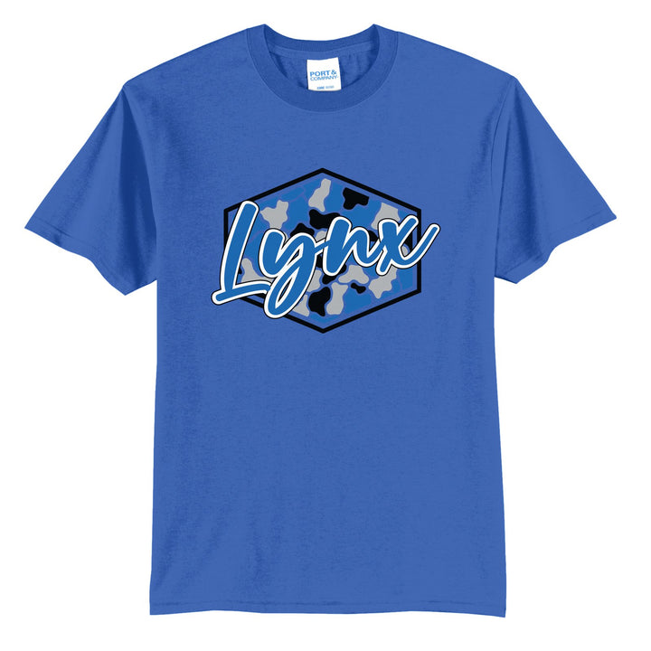 Oley Valley Lynx Camo Script t-shirt in Royal: Lynx in bold script over a blue, grey and black camo hexagon