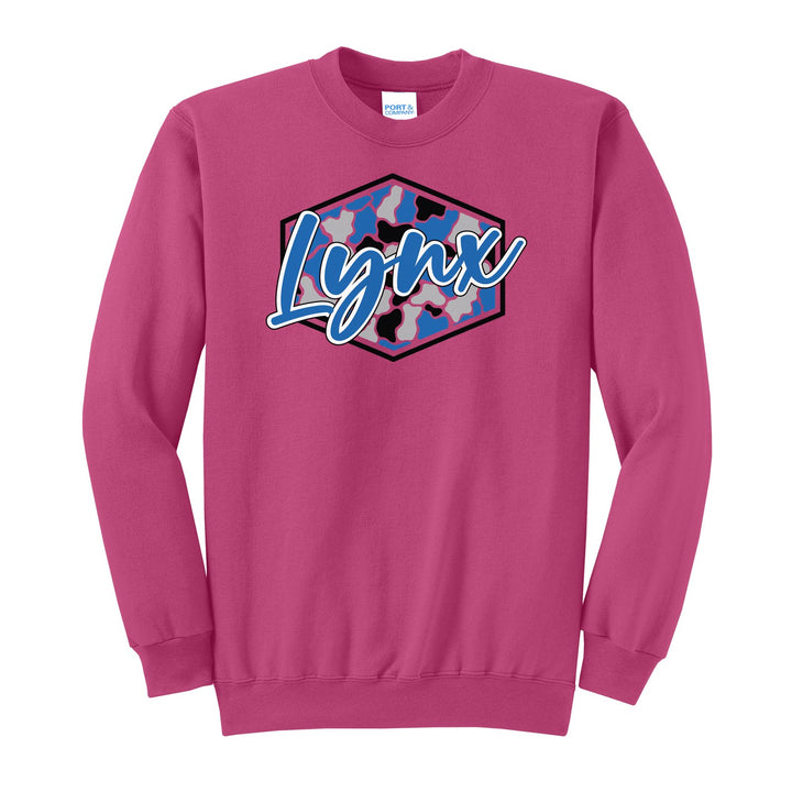 Oley Valley Lynx Camo Script crewneck sweatshirt in Sangria: Lynx in bold script over a blue, grey and black camo hexagon