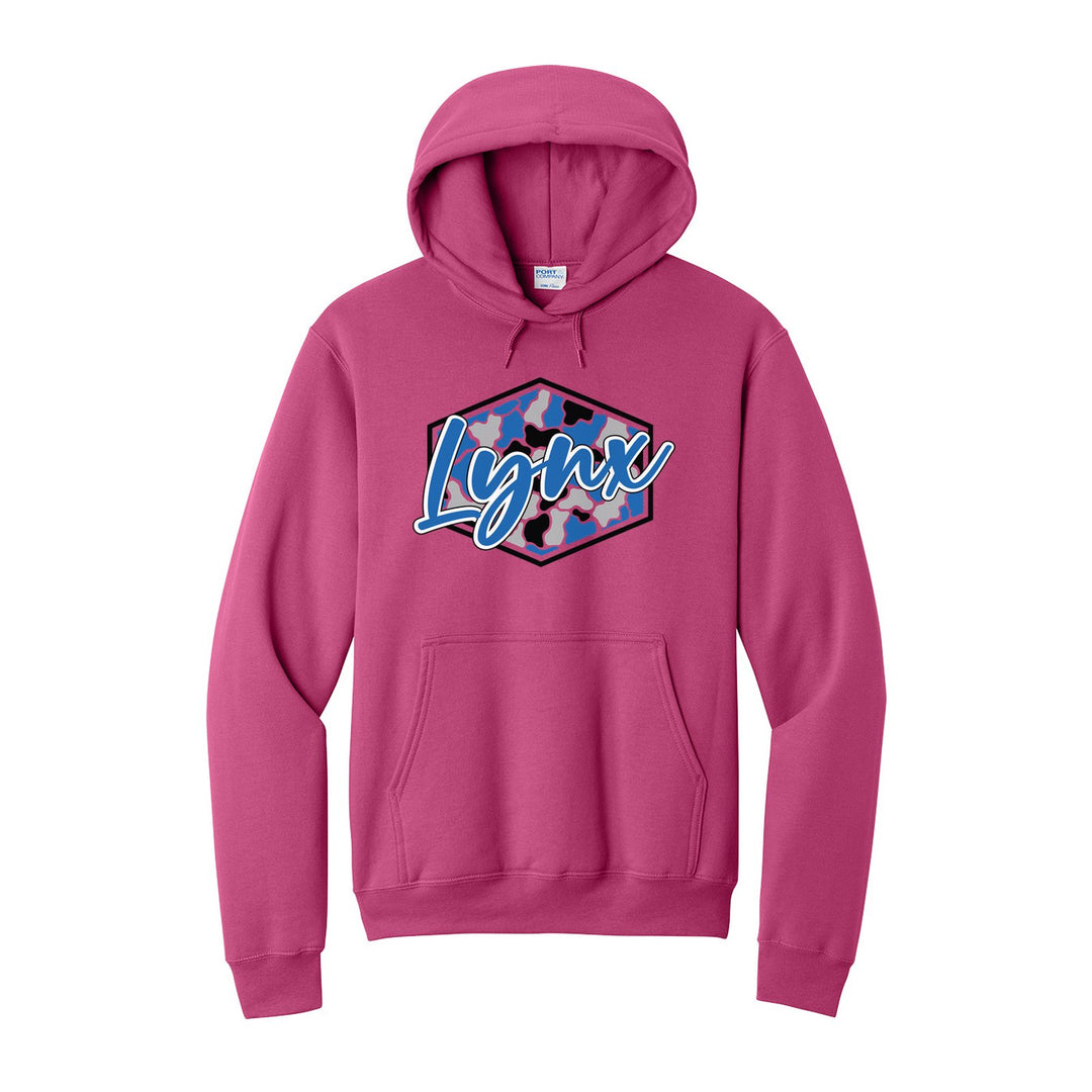 Oley Valley Lynx Camo Script hoodie in Sangria: Lynx in bold script over a blue, grey and black camo hexagon