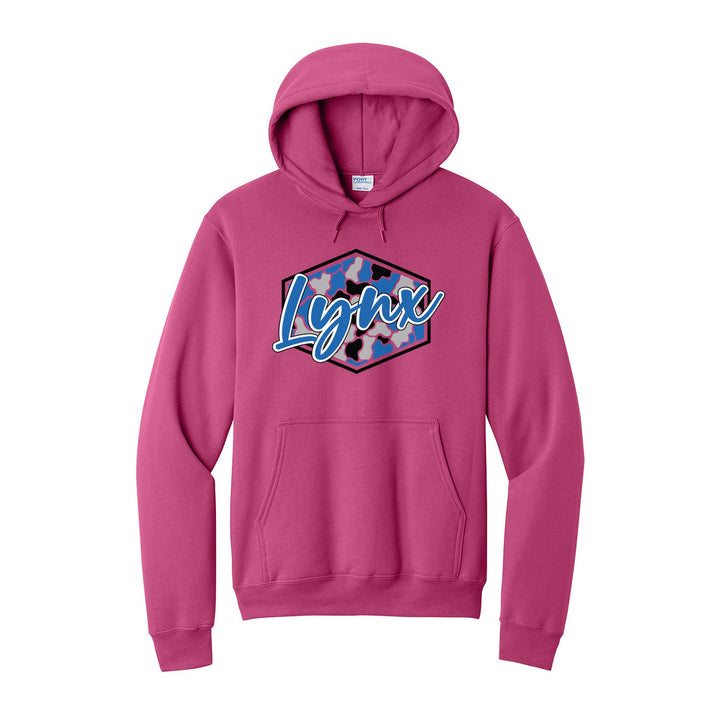 Oley Valley Lynx Camo Script hoodie in Sangria: Lynx in bold script over a blue, grey and black camo hexagon