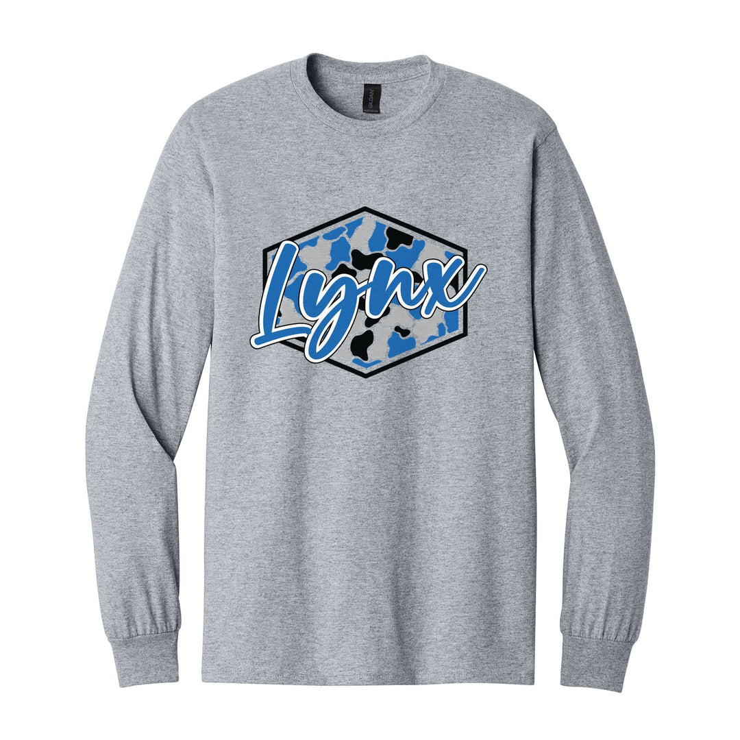 Oley Valley Lynx Camo Script long sleeve t-shirt in Sport Grey: Lynx in bold script over a blue, grey and black camo hexagon