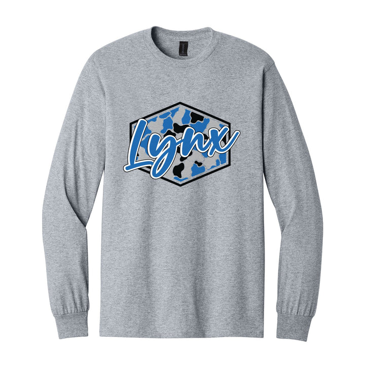 Oley Valley Lynx Camo Script long sleeve t-shirt in Sport Grey: Lynx in bold script over a blue, grey and black camo hexagon