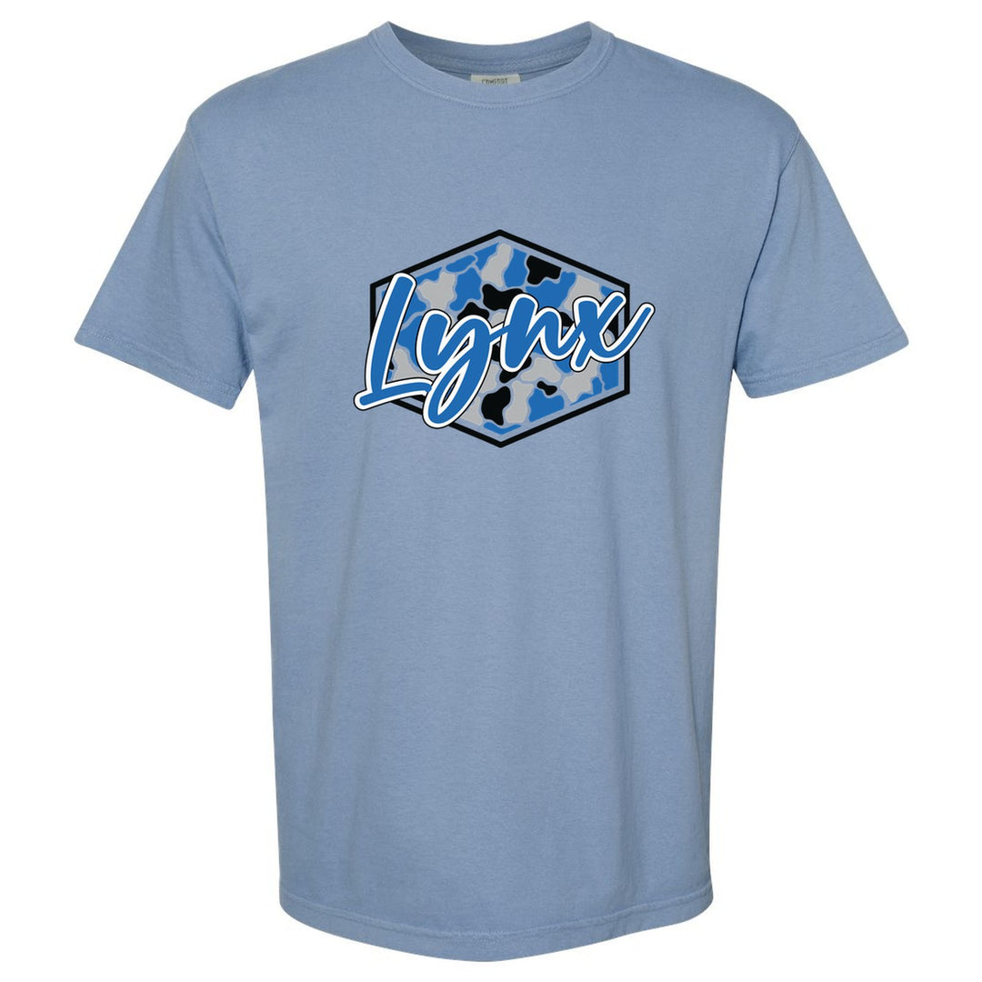 Oley Valley Lynx Camo Script comfort colors t-shirt in Washed Denim: Lynx in bold script over a blue, grey and black camo hexagon