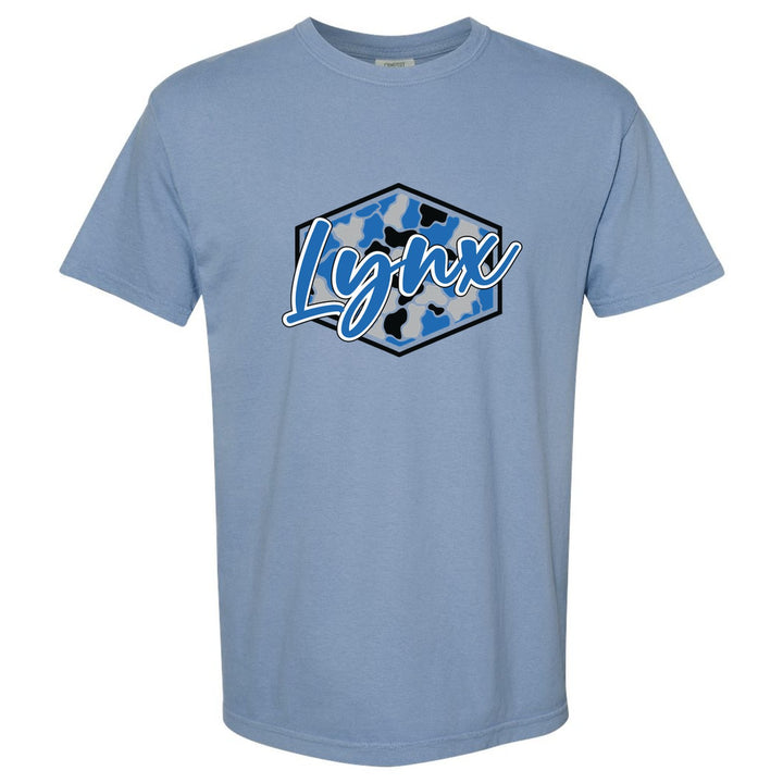 Oley Valley Lynx Camo Script comfort colors t-shirt in Washed Denim: Lynx in bold script over a blue, grey and black camo hexagon