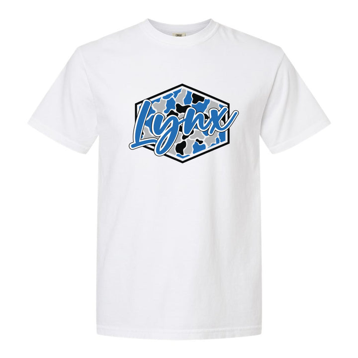 Oley Valley Lynx Camo Script comfort colors t-shirt in White: Lynx in bold script over a blue, grey and black camo hexagon