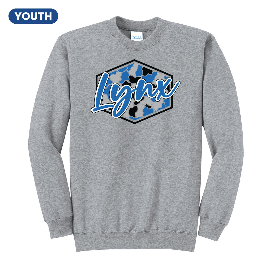 Oley Valley Lynx Camo Script youth crewneck sweatshirt in Athletic Heather: Lynx in bold script over a blue, grey and black camo hexagon