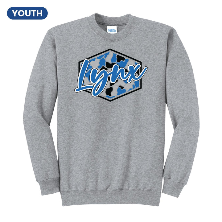 Oley Valley Lynx Camo Script youth crewneck sweatshirt in Athletic Heather: Lynx in bold script over a blue, grey and black camo hexagon