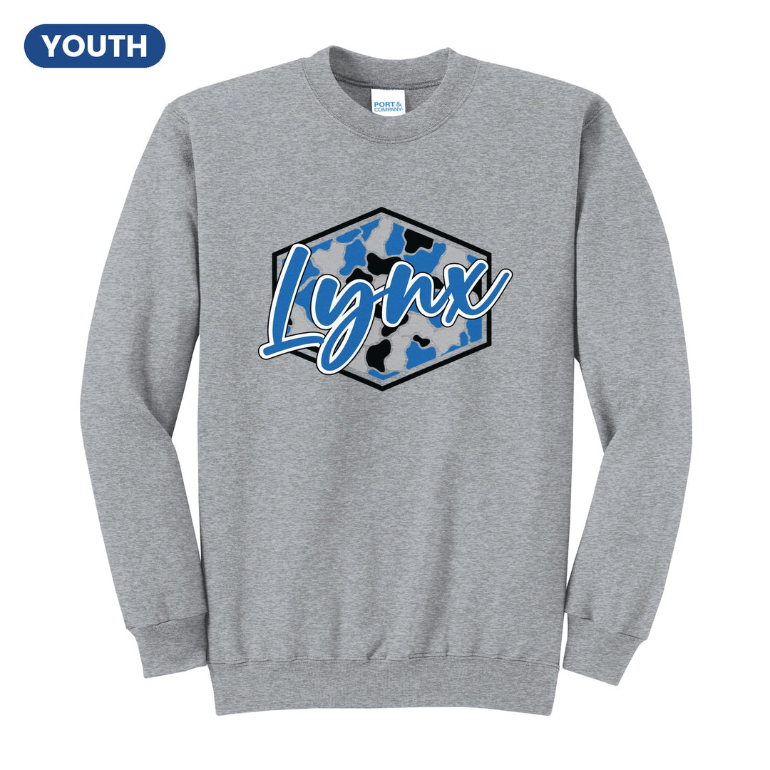 Oley Valley Lynx Camo Script youth crewneck sweatshirt in Athletic Heather: Lynx in bold script over a blue, grey and black camo hexagon