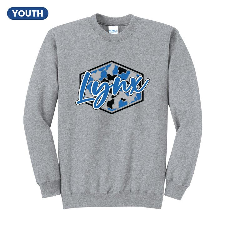 Oley Valley Lynx Camo Script youth crewneck sweatshirt in Athletic Heather: Lynx in bold script over a blue, grey and black camo hexagon