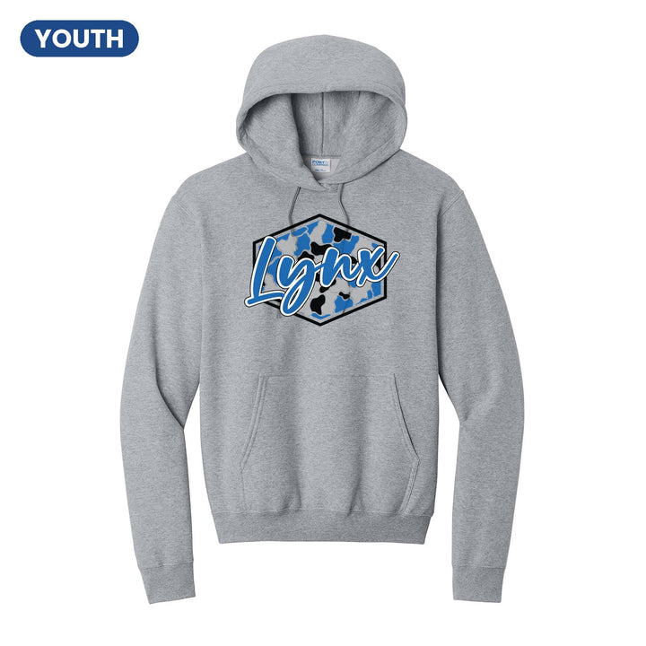 Oley Valley Lynx Camo Script youth hoodie in Athletic Heather: Lynx in bold script over a blue, grey and black camo hexagon