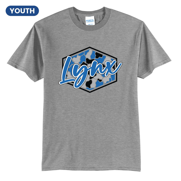 Oley Valley Lynx Camo Script youth t-shirt in Athletic Heather: Lynx in bold script over a blue, grey and black camo hexagon