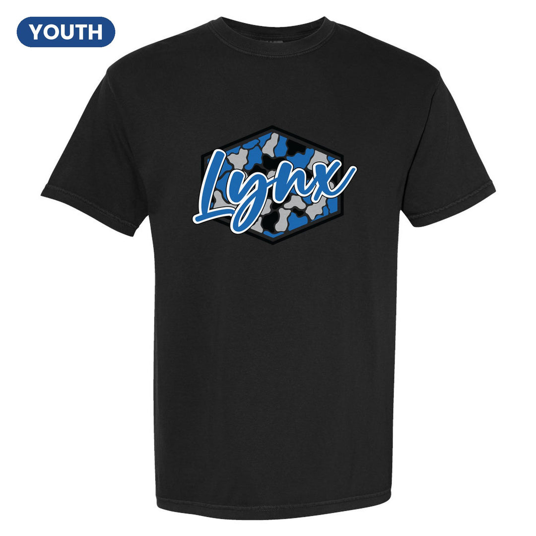 Oley Valley Lynx Camo Script youth comfort colors t-shirt in Black: Lynx in bold script over a blue, grey and black camo hexagon