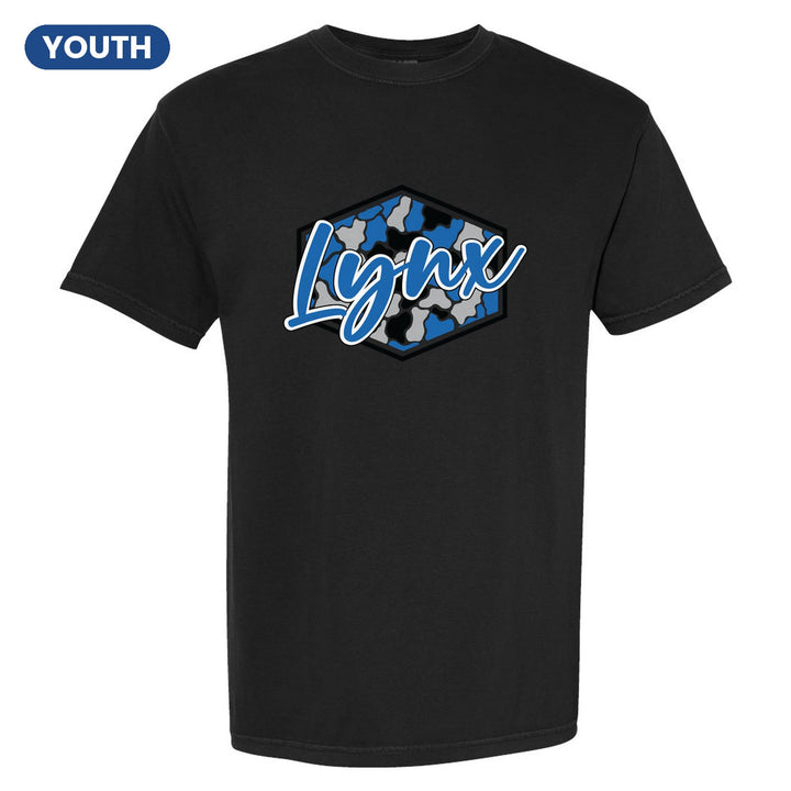 Oley Valley Lynx Camo Script youth comfort colors t-shirt in Black: Lynx in bold script over a blue, grey and black camo hexagon