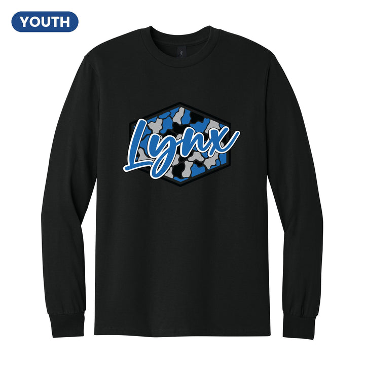 Oley Valley Lynx Camo Script youth long sleeve t-shirt in Black: Lynx in bold script over a blue, grey and black camo hexagon