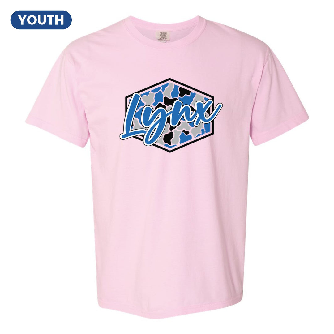 Oley Valley Lynx Camo Script youth comfort colors t-shirt in Blossom: Lynx in bold script over a blue, grey and black camo hexagon