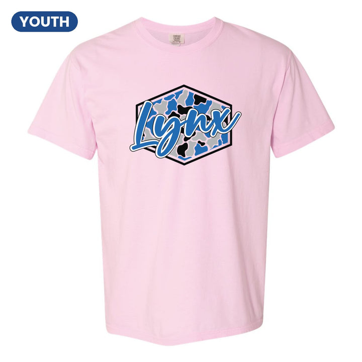 Oley Valley Lynx Camo Script youth comfort colors t-shirt in Blossom: Lynx in bold script over a blue, grey and black camo hexagon