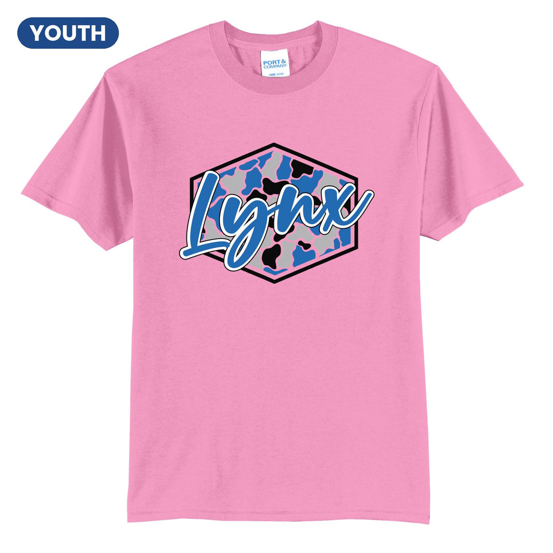 Oley Valley Lynx Camo Script youth t-shirt in Candy Pink: Lynx in bold script over a blue, grey and black camo hexagon