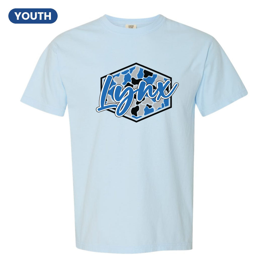 Oley Valley Lynx Camo Script youth comfort colors t-shirt in Chambray: Lynx in bold script over a blue, grey and black camo hexagon