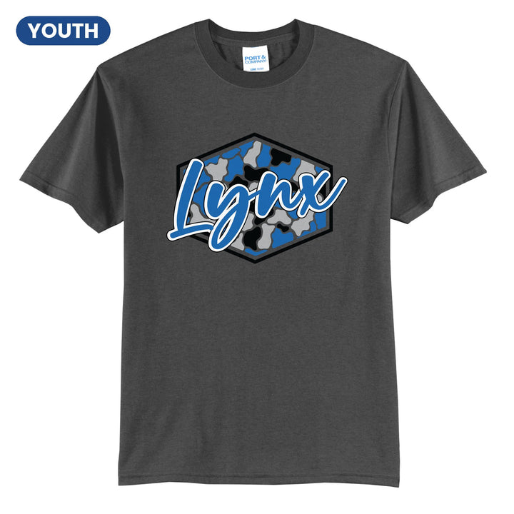 Oley Valley Lynx Camo Script youth t-shirt in Charcoal: Lynx in bold script over a blue, grey and black camo hexagon