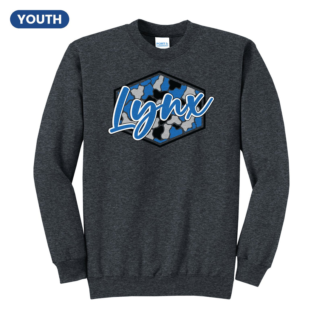 Oley Valley Lynx Camo Script youth crewneck sweatshirt in Dark Heather Grey: Lynx in bold script over a blue, grey and black camo hexagon