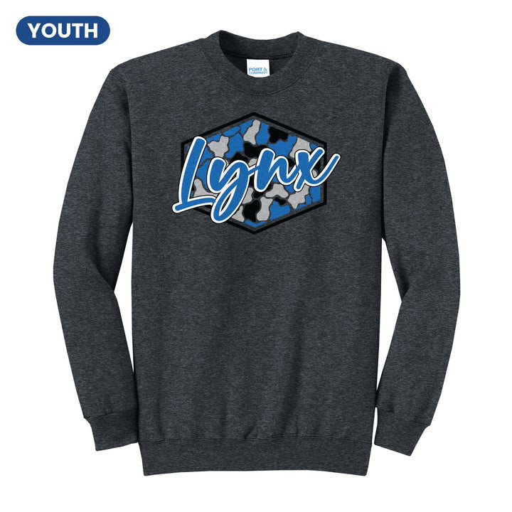 Oley Valley Lynx Camo Script youth crewneck sweatshirt in Dark Heather Grey: Lynx in bold script over a blue, grey and black camo hexagon