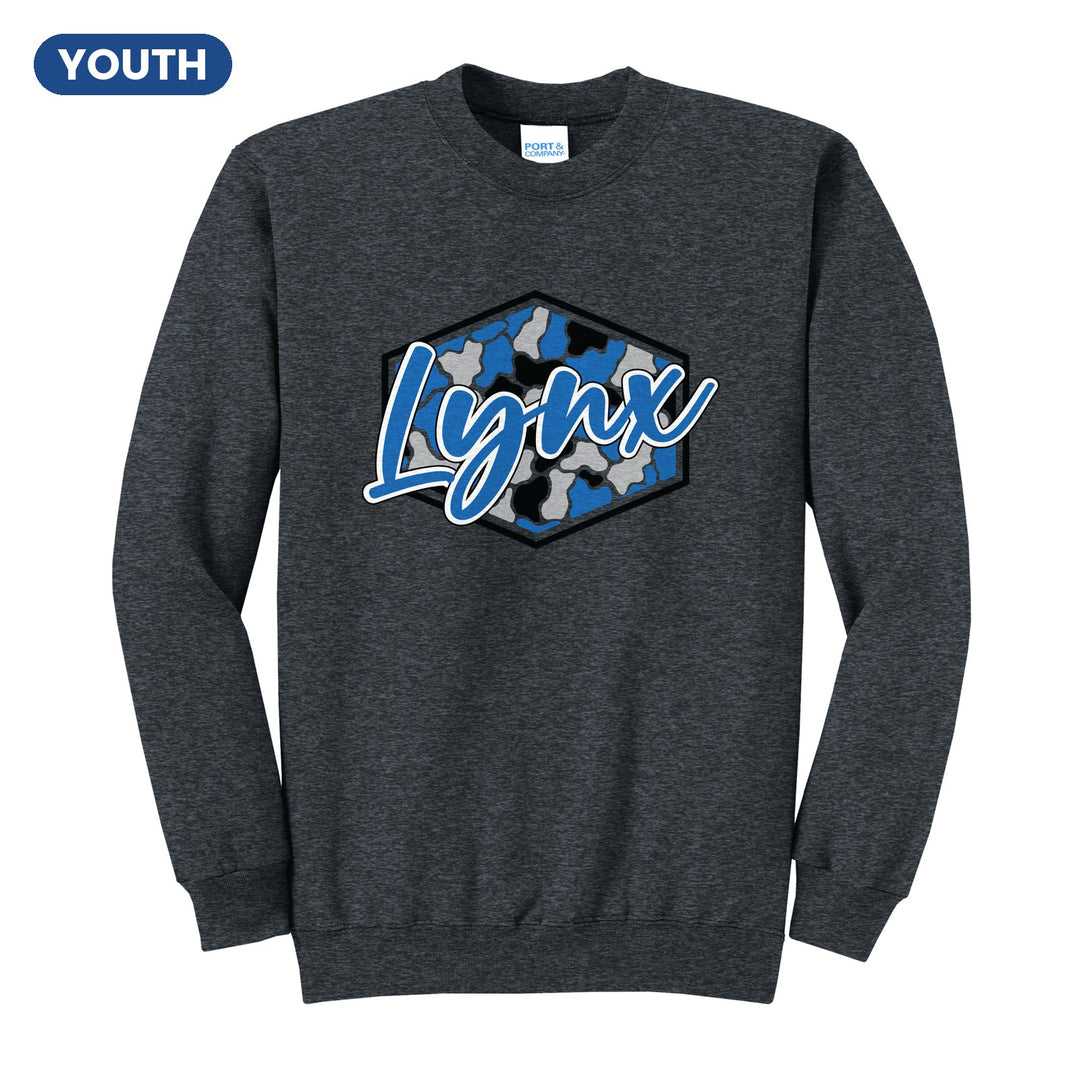 Oley Valley Lynx Camo Script youth crewneck sweatshirt in Dark Heather Grey: Lynx in bold script over a blue, grey and black camo hexagon
