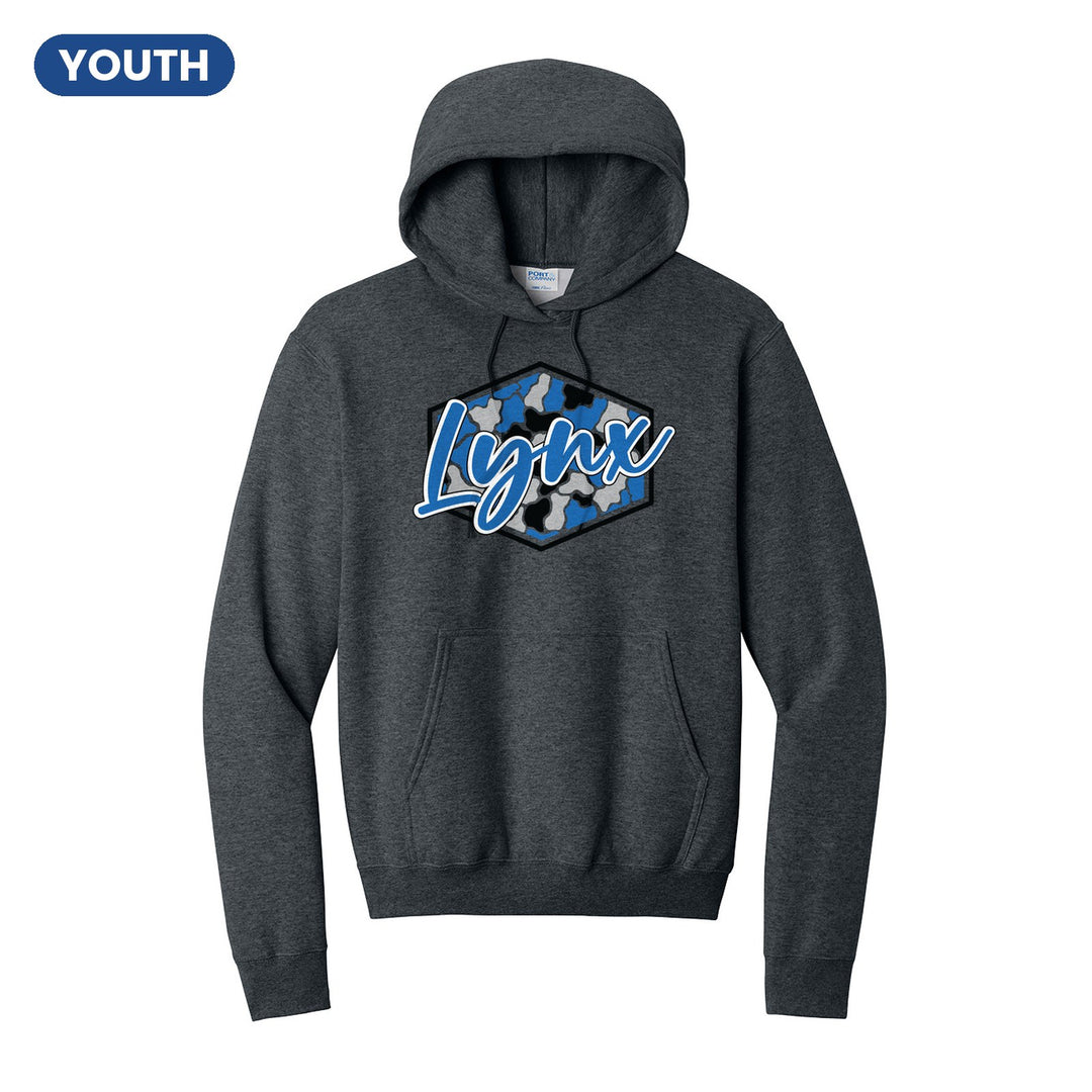 Oley Valley Lynx Camo Script youth hoodie in Dark Heather Grey: Lynx in bold script over a blue, grey and black camo hexagon
