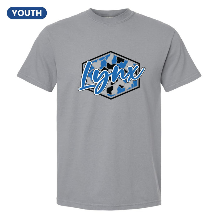 Oley Valley Lynx Camo Script youth comfort colors t-shirt in Granite: Lynx in bold script over a blue, grey and black camo hexagon