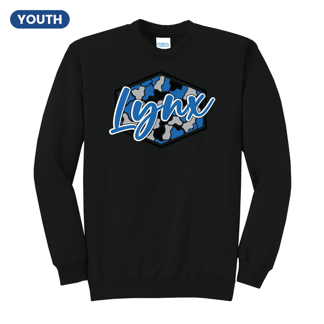 Oley Valley Lynx Camo Script youth crewneck sweatshirt in Jet Black: Lynx in bold script over a blue, grey and black camo hexagon